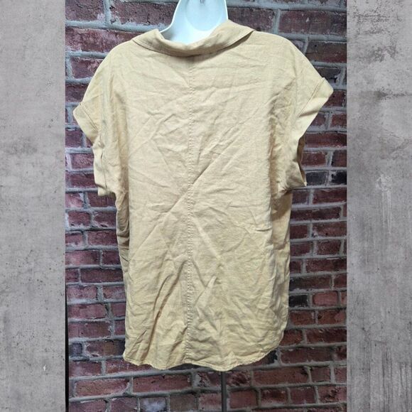 Isabel Maternity Linen Button-Up Shirt Large Taupe V Neck Short Sleeve Collared - Picture 2 of 6